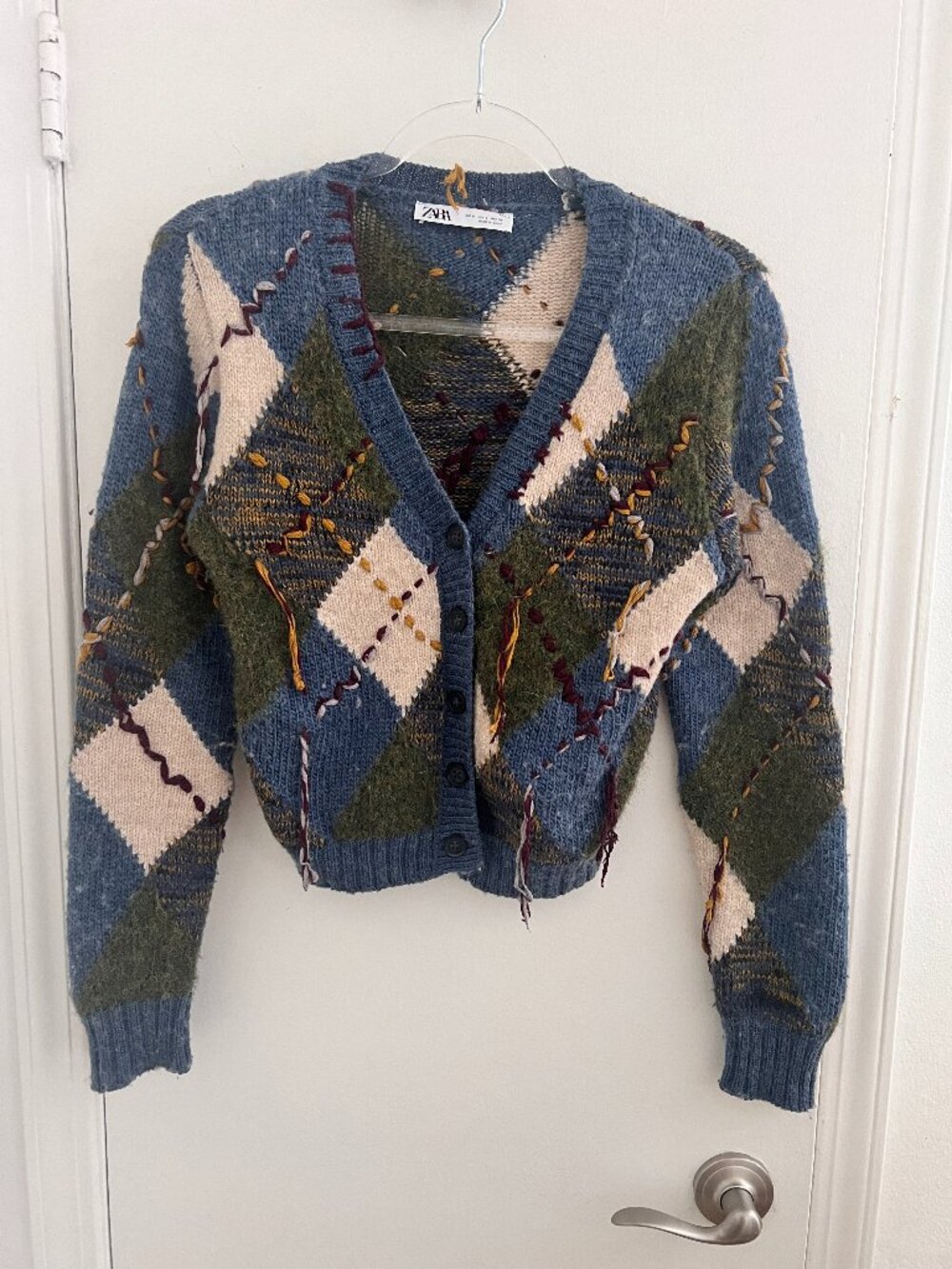 Zara Argyle Cardigan Blue/Green Size Small - Picture 2 of 6